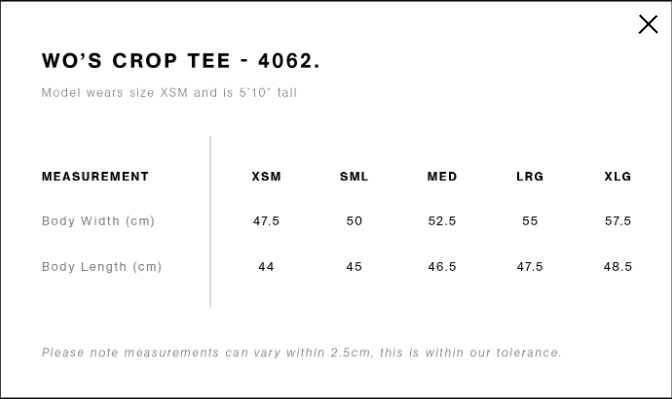 WOmens Crop tee sizing guide AS Colour